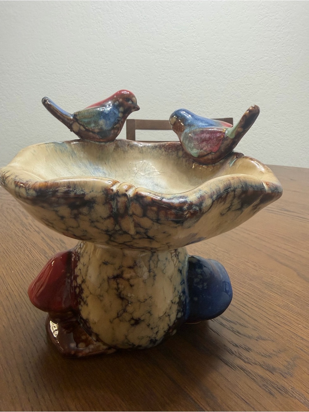Vintage drip glaze bird dish with mushroom decoration